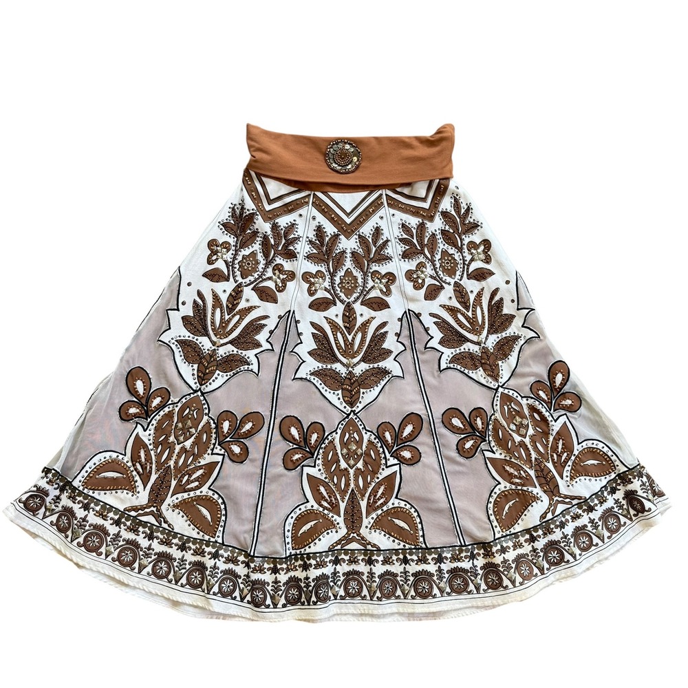 Basil & Maude Boho Beaded Studded Midi Skirt Brown White‎ Floral Festival L/XL